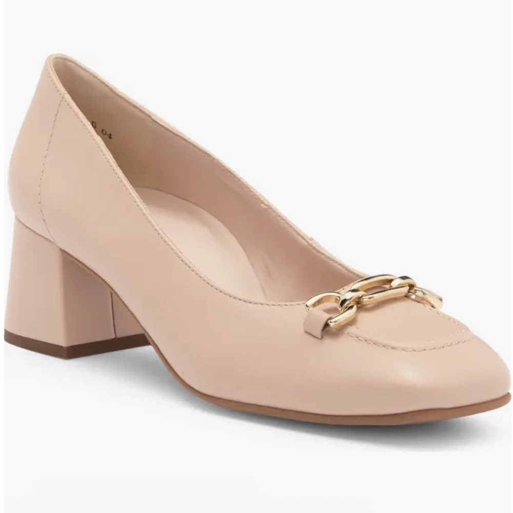 Paul Green Viviana Pump Biscuit - Nude Block Heel Loafer with Gold Chain Accent